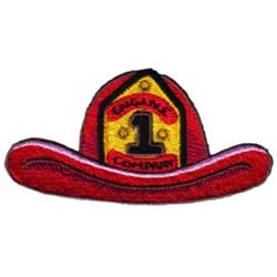 Stylized firefighter hat with a vibrant red color, yellow badge, and bold black lettering, perfect for themed embroidery.