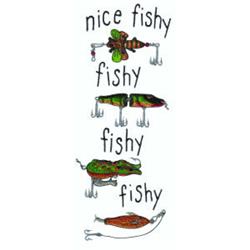 Whimsical fish with colorful fishing lures and vibrant text 'fishy' on a white background, perfect for fishing season.
