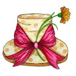 Colorful hat with floral decoration featuring pink ribbon, yellow flower, and polka dot pattern for spring.