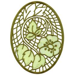 Delicate floral design featuring light green flowers and intricate vines in an ornate swirl, perfect for decorative use.