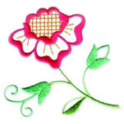 Vibrant flower blossom with pink petals, a yellow grid center, and bright green leaves, perfect for decorative use.