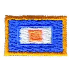Geometric flag design with bold blue background, layered white rectangle, and vibrant orange square centerpiece.