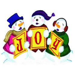 Cheerful snowmen in colorful hats and scarves hold decorated letters spelling 'JOY.' Festive design for Christmas.