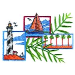 Vibrant lighthouse with stripes beside a sailboat, surrounded by tropical palm trees and green leaves in a relaxed nautical s