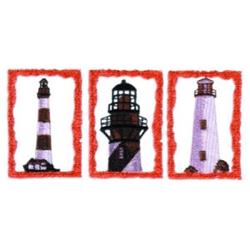 Colorful lighthouse trio includes a red and white striped lighthouse, a sleek black tower, and a simple white structure, all