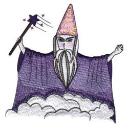 Whimsical wizard in a purple robe and colorful pointed hat holding a starry wand, surrounded by soft clouds.