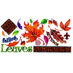 Vibrant maples in red and orange, with swirling elements and 'falling Leaves' text, celebrating autumn beauty.