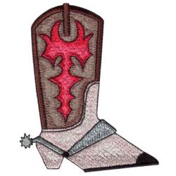 Stylized boot with prominent red detail, brown tones, and silver accents in modern embroidery technique.
