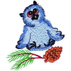 Whimsical blue owl with red eyes perched on a pine branch and cone, showcasing vibrant colors for fall.