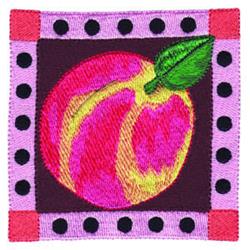 Vibrant peach with swirling pink and yellow shades, surrounded by a playful border on a dark backdrop.