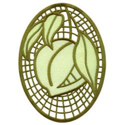Stylized peach with soft green leaves in a modern brown grid oval frame, showcasing minimalistic nature.