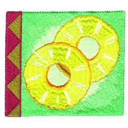 Two lively yellow pineapple slices sit on a vibrant green background, accented by mauve geometric shapes. Perfect for quiltin