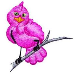 Vibrant pink bird with large eyes perched on a gray branch, showcasing a playful, cheerful style.