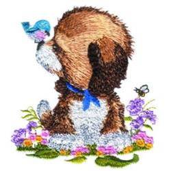 Puppy & Bird - 4x4 puppy dog detailed embroidery design for decorative pillow covers