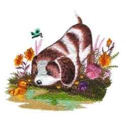 Puppy & Duck - 4x4 puppy dog detailed embroidery design for decorative pillow covers
