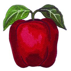 Realistic red apple with a glossy finish and green leaves displaying detailed veins, perfect for kitchen decor.
