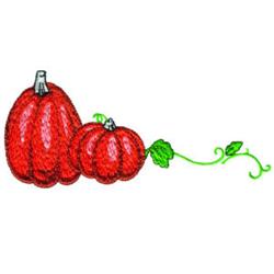 Colorful red pumpkins with a glossy finish sit among a green vine, creating a whimsical fall scene.