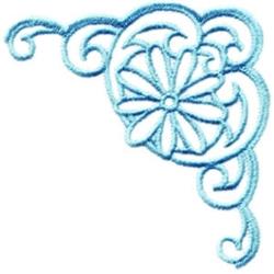 Redwork floral corner design with delicate swirls and a light blue color, featuring an elegant floral pattern.