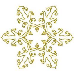 Redwork snowflake design with elegant symmetry, intricate swirling patterns, and delicate curves in soft gold for winter deco