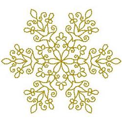 Redwork snowflake design with intricate floral motifs and swirling lines in soft gold, perfect for winter decor.