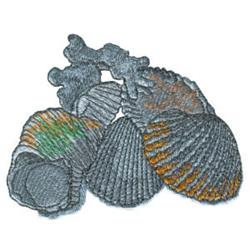 Seashells in gray tones with orange highlights showcase detailed textures and unique shapes in a realistic style.