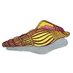 Seashell with vibrant yellow and brown stripes and a subtle gray shadow, showcasing realistic texture.