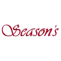 Elegant script text 'Season's' in deep red, fluid strokes, reflecting a seasonal theme for festive occasions.