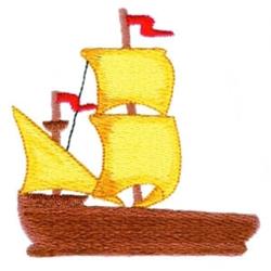 Whimsical ship with yellow sails and red flags, featuring a vibrant brown hull in a playful design.