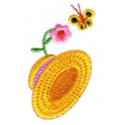 Colorful applique straw hat with a pink flower and a black and yellow butterfly, set against a clean background.