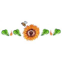 Vibrant sunflower in yellow and orange hues, surrounded by green leaves and a small bee, autumn theme.