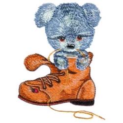 Whimsical teddy bear dog in blue, sitting in a brown work boot with detailed laces, creating a playful scene.
