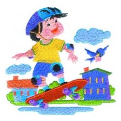 Colorful scene of a boy on a red skateboard wearing a yellow shirt, blue cap, and knee pads, with a bird nearby.