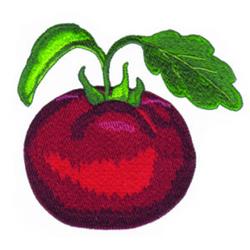 Applique vibrant red tomato with a glossy surface, paired with a fresh green leaf, perfect for kitchen decor.
