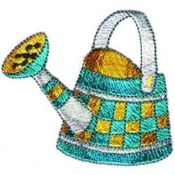 Colorful watering can featuring a teal body and yellow polka-dotted spout with a cheerful checkered design, perfect for sprin