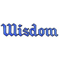 Wisdom in blue stylized gothic script with ornate lettering, showcasing elegance and sophistication.