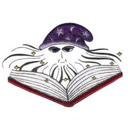 Whimsical wizard with a purple starry hat and flowing beard, reading an intricate book with magical sparkles, perfect for Hal