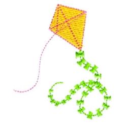 Whimsical yellow kite with textured pattern, pink stitching, and playful green string, perfect for spring decor.
