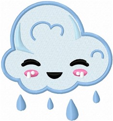 Playful cartoon-style cloud with pink eyes and falling blue raindrops, perfect for spring decor.