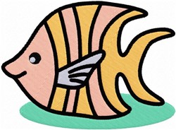 Cartoon fish with a pink body, yellow stripes, and blue fins, playful design great for children’s items.