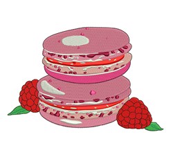 Colorful stack of macarons with raspberry filling, glossy texture, and bright raspberries beside them.