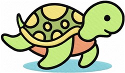Cartoon turtle with a vibrant green and yellow shell splashing in light blue water, perfect for kids' projects.