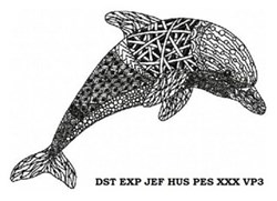 Dolphin in intricate black and white line art featuring detailed patterns and graceful curves, ideal for oceanic decor.