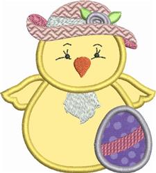 Applique chick wearing a pink hat with a flower, cheerful and cartoonish, next to a purple Easter egg.