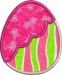 Applique decorative egg with pink floral patterns, green and pink stripes, and a scalloped top, perfect for Easter.