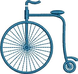 Vintage bicycle design with a large front wheel, smaller rear wheel, and clean geometric outlines in blue.