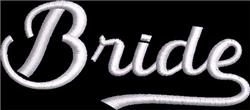 Elegant script ‘Bride’ in white, featuring flowing curves on a black background, perfect for wedding decor.