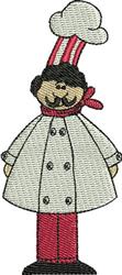 Cheerful cartoon chef character in a white coat, tall striped hat, and red scarf, perfect for kitchen towels.
