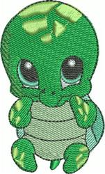 Cute cartoon turtle in playful green hues with large eyes and light green shell markings, ideal for kids' designs.