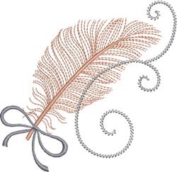 Delicate feather design in peachy copper adorned with grey swirls and a bow, perfect for quilting projects.