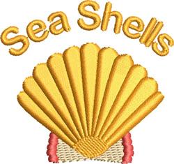 ITH scallop shell in vibrant yellow with details on a cheerful red base, featuring 'Sea Shells' text, perfect for summer.